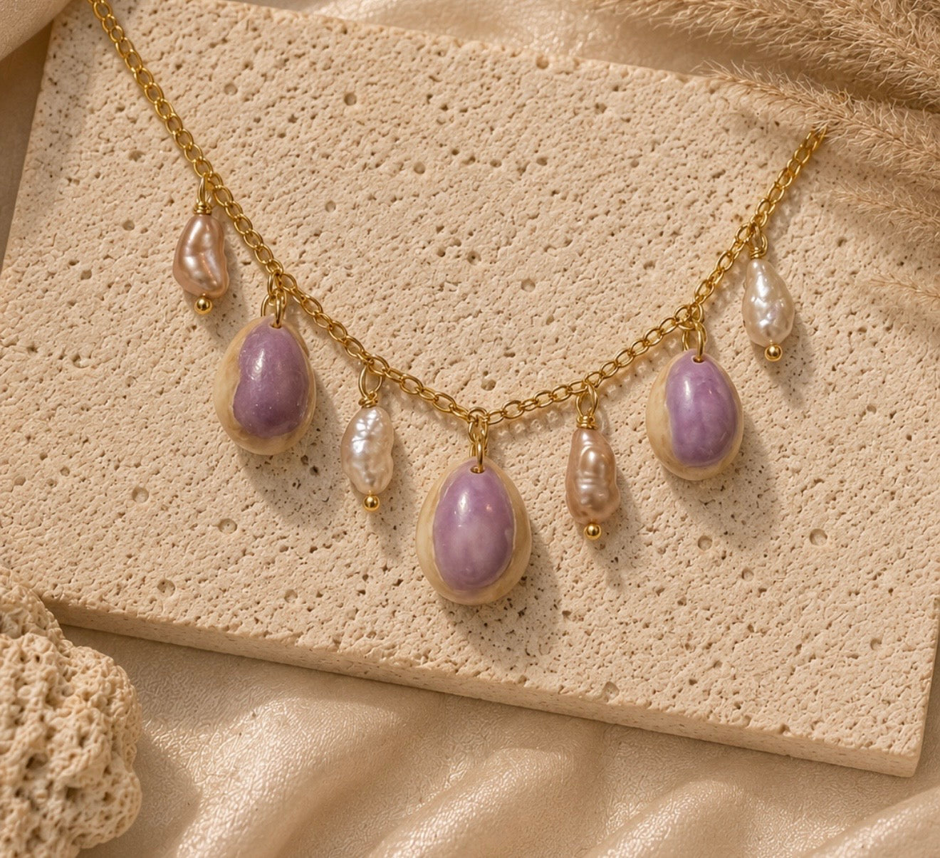purple cowrie charm necklace