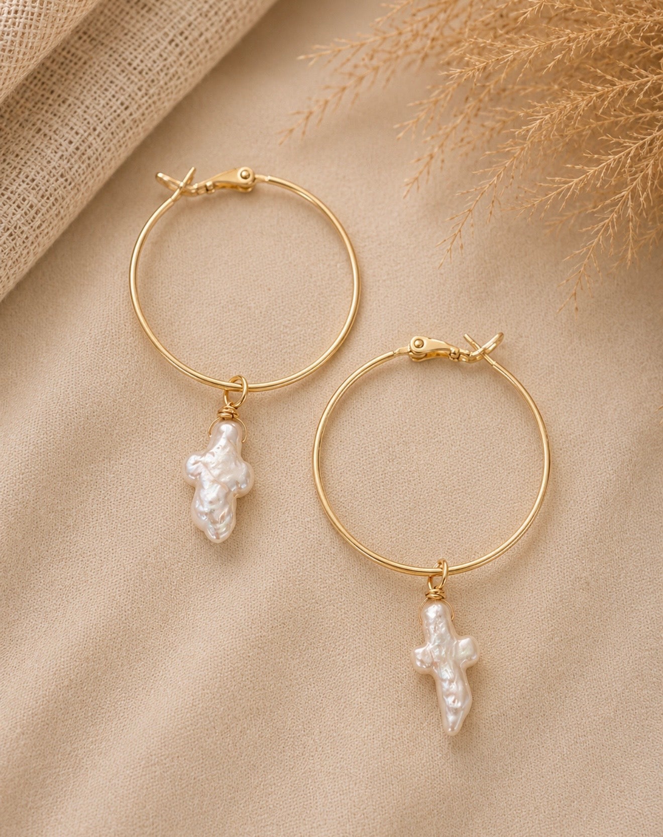 pearl cross hoop earrings