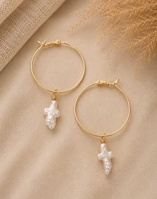pearl cross hoop earrings