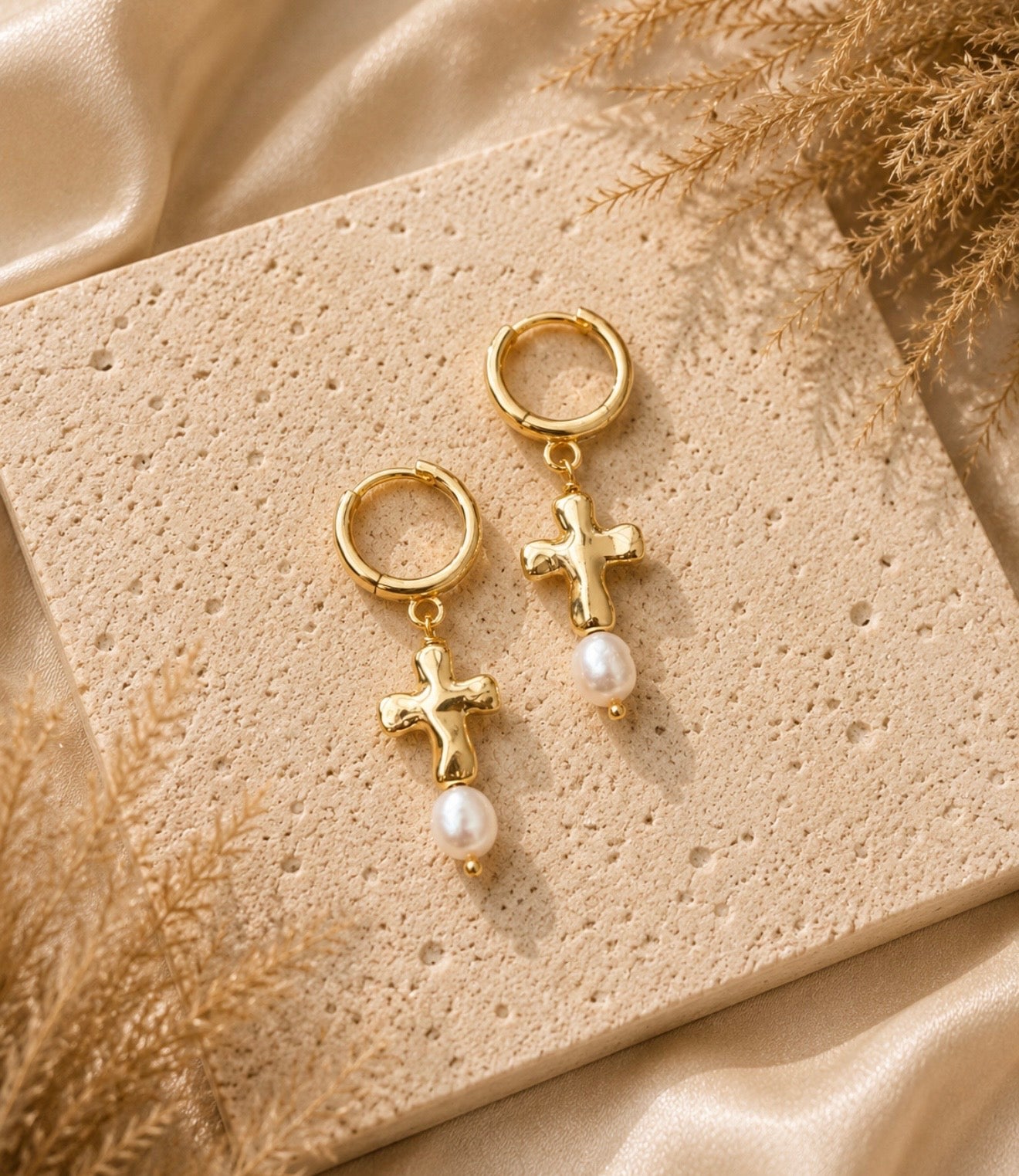 pearlie girlie cross huggie earrings