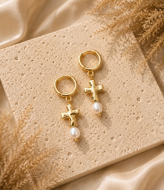 pearlie girlie cross huggie earrings